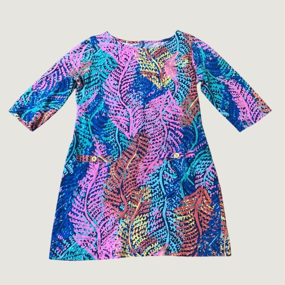 Lilly Pulitzer Shift Dress Girls Blue Pink Tropical Leaf Print SIZE L 8-10